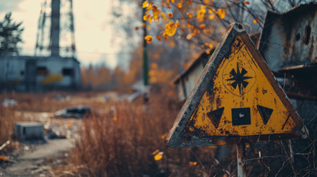 Close-up of radioactive warning signs at Chernobyl, weathered warnings, haunting atmosphere, detailed linework, atmospheric scene Generative AIの素材