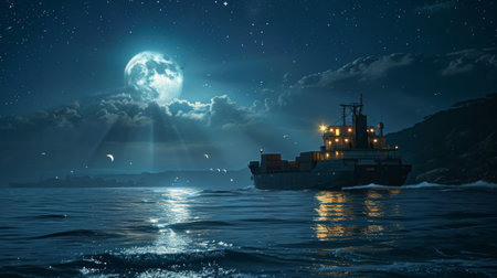 Cargo ship sailing under the moonlight, containers lit up, starry sky, realistic lighting, detailed scene Generative AIの素材