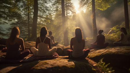 A group of yogis engaged in a forest yoga retreat, fostering a deep connection with nature. Generative AIの素材
