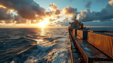 A cargo ship at sea, open cargo vast hold, crane loading containers, realistic ocean view, detailed photorealistic scene Generative AIの素材