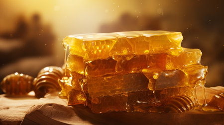 A rustic honeycomb filled with golden honey, glistening in soft sunlight. Generative AIの素材
