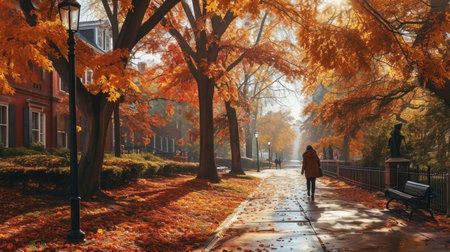 College campus, students walking, autumn leaves, academic buildings, photorealistic university scene Generative AIの素材