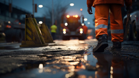 Close-up of a road worker using a jackhammer, repairing the road surface, construction zone with safety signs visible Generative AIの素材