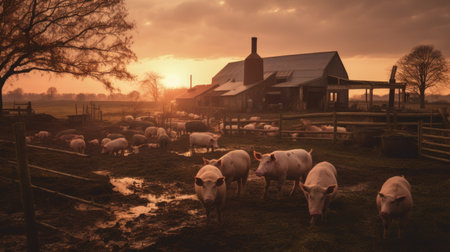 Dusk setting over a farm, highlighting a tidy pigsty with pigs lazing about comfortably in their quarters. Generative AIの素材