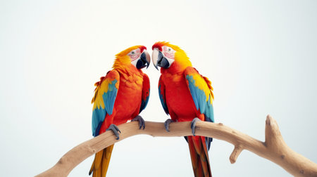 Colorful macaws perched side by side. Generative AIの素材