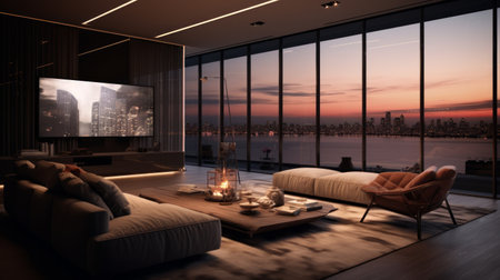 High-end penthouse suite with a private cinema and entertainment system. Generative AIの素材