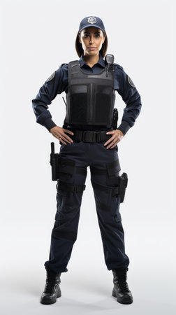 Middle-aged female police officer in uniform, subtle smile, confident posture, full-height view on a plain white backdrop Generative AIの素材