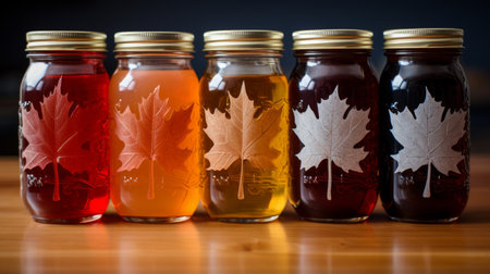Jar labels for homemade maple syrup, featuring hand-drawn maple leaves and syrup jars. Generative AIの素材