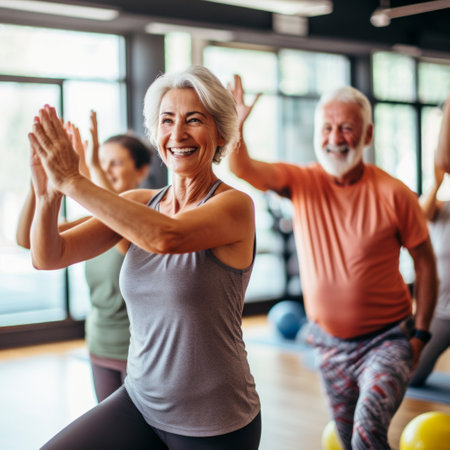 Stock image of a group of seniors doing aerobics in a fitness class, staying active and healthy Generative AIの素材