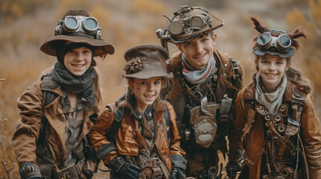 Photo concept of a family of post-apocalypse survivors in steampunk fashion, smiling and conveying hope for the future Generative AIの素材