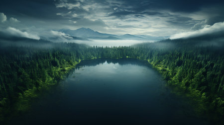 Overhead view capturing a vast expanse of forest, the sun slowly ascending on the horizon against a serene light blue sky Generative AIの素材