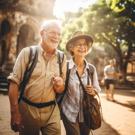 Stock image of an elderly couple traveling together, exploring new places and cultures Generative AIの素材