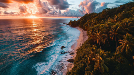 Pristine shorelines, drone's aerial view, painted sky, tranquil waters, hyper-realistic sunset over French Polynesia Generative AIの素材