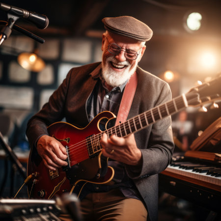 Stock image of an older man playing a musical instrument in a band, passionate and skilled Generative AIの素材