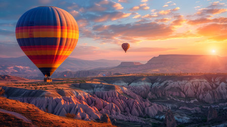 Scenic mountains in Turkey bathed in the warm light of the setting sun, a colorful hot air balloon drifting gracefully across the picturesque landscape Generative AIの素材