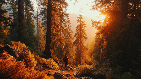 Redwood silhouettes, drone's vantage, fading sunlight, vast forest, detailed and vivid sunset in Sequoia Park Generative AIの素材