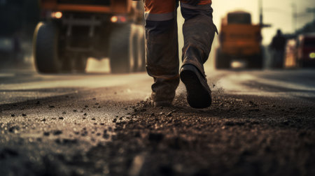 Road worker using a rake, spreading gravel on the road surface, road construction area with equipment Generative AIの素材