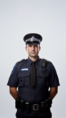 Middle-aged male police officer in uniform, subtle smile, confident posture, full-height view on a plain white backdrop Generative AIの素材