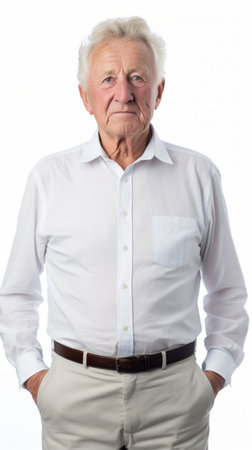 Stock image of a grandpa in a shirt and trousers on a plain white background Generative AI