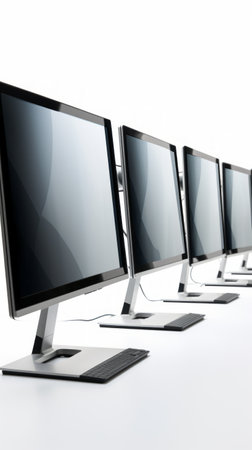 Stock image of a collection of sleek computer monitors on a white background, technology and productivity Generative AIの素材