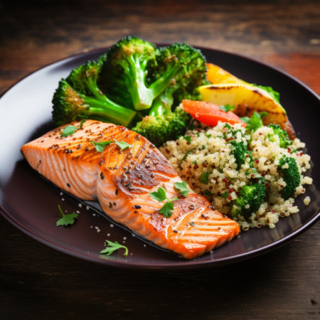 Stock image of a plate of grilled salmon served with quinoa and steamed vegetables, a balanced healthy meal Generative AIの素材