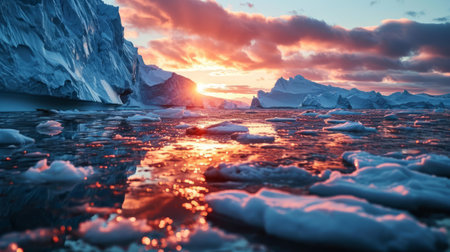 Sun-kissed ice shelves, ethereal glow, seals basking, reflective waters, hyper-detailed Antarctic sunset Generative AIの素材