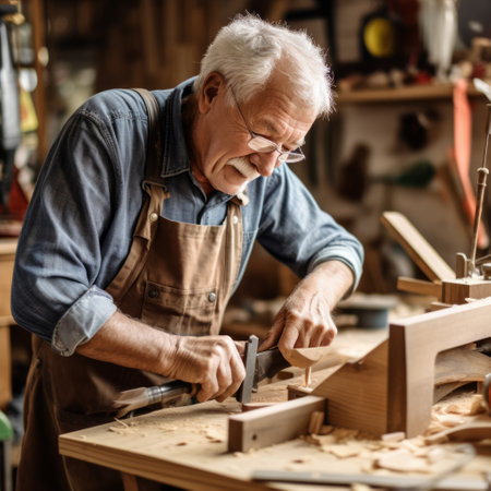 Stock image of an older man practicing woodworking in his workshop, skilled and creative Generative AIの素材