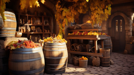 Wine cellar tour, panoramic view Generative AIの素材