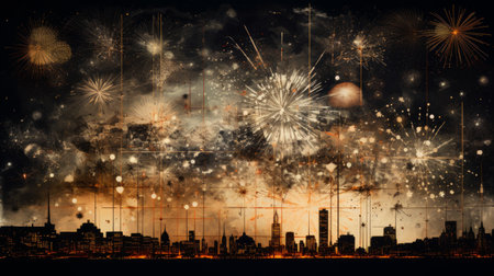Collage-style artwork featuring snapshots of different phases of a fireworks spectacle Generative AIの素材