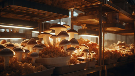 A controlled environment in a mushroom farm with neatly arranged trays of different mushroom varieties. Generative AIの素材