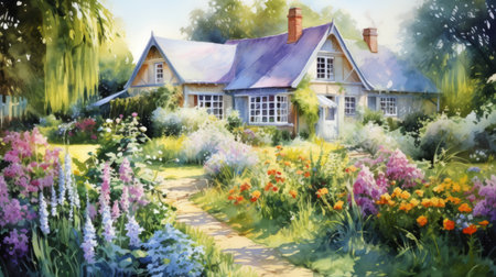 Charming cottage gardens in full bloom. aquarelle - Generative AIの素材