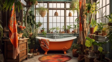 A bohemian bathroom with vibrant patterns, hanging plants, and eclectic decor. Generative AIの素材