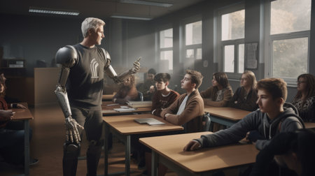 A teacher engaging with students in a classroom, showcasing a prosthetic limb while passionately educating and inspiring young minds Generative AIの素材
