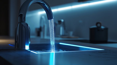 Futuristic smart kitchen faucet, LED-lit water display, atmospheric background, sleek and modern depiction Generative AIの素材