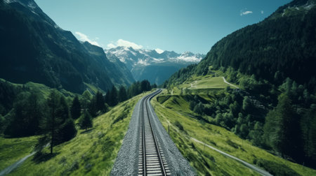 Drone footage of a railway line hugging the contours of rugged peaks, illustrating the train's path amidst majestic scenery. Generative AIの素材