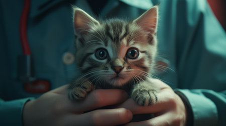Close-up of a veterinarian administering a vaccine to a kitten, comforting touch, medical equipment in the background Generative AIの素材