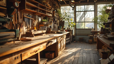 Home woodworking, sawhorses, intricate projects, natural lighting, high-definition garage workshop atmosphere Generative AIの素材