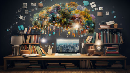 Library table adorned with books and a laptop, representing the synergy between education technology and e-learning Generative AIの素材