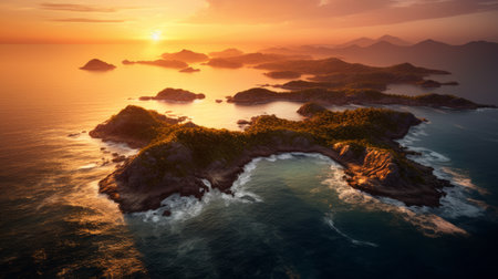Drone's-eye view capturing the beauty of palm-fringed islands at dusk, with the sun setting behind the horizon, casting a golden glow over the tranquil seascape. photorealistic epic lighting Generative AIの素材