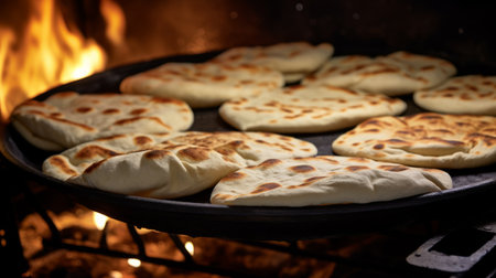 Pita breads puffing up in the oven, displaying their characteristic pocket formation Generative AIの素材