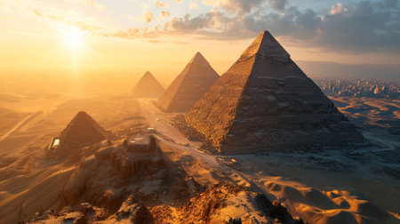 Pyramid cluster, drone's altitude, sun setting, distant oasis, realistic twilight over Egyptian monuments Generative AIの素材