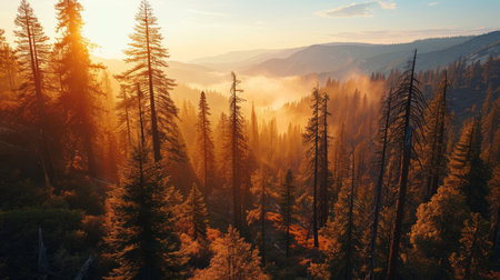 Redwood silhouettes, drone's vantage, fading sunlight, vast forest, detailed and vivid sunset in Sequoia Park Generative AIの素材