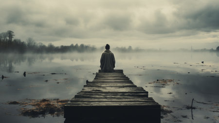 Solitary figure positioned on a misty and somber dock. Moody mist, solitary ambiance, isolated person Generative AIの素材