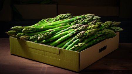 A box overflowing with fresh, green asparagus, close-up realistic photo Generative AIの素材