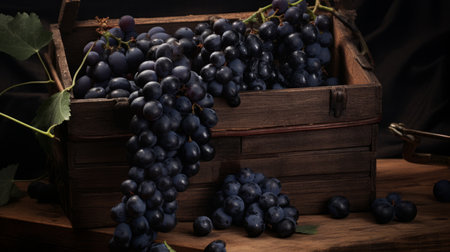 Close-up realistic photo featuring a box filled with plump black grapes Generative AIの素材
