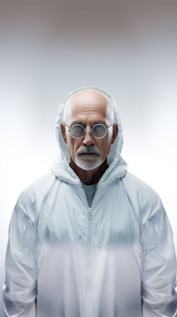 Generative AI Middle-aged male scientist in a lab, wearing protective gear, subtle smile, in full stature against a white backgroundの素材