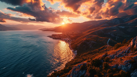 Coastal enchantment, drone's perspective, sun on horizon, breathtaking vistas, immersive and detailed sunset over Norwegian fjords Generative AIの素材