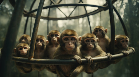 Generative AI Visitors observing a playful group of monkeys swinging and interacting in their habitat at the zooの素材
