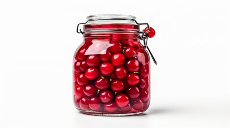 Glass jar filled with sweet, ripe red cherries, close-up realistic photo on a white background Generative AIの素材