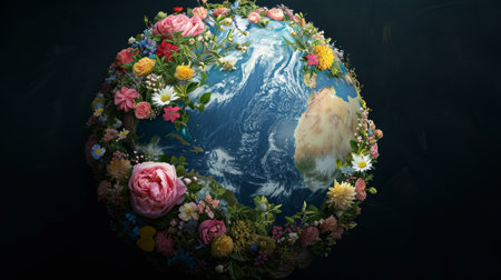 Conceptual image of planet Earth with continents crafted as blooming floral territories, each continent exhibiting a unique palette of flowers, symbolizing the beauty and richness of Earth's floral tapestry Generative AIの素材